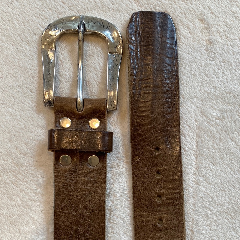 Brave Leather statement silver buckle taupe brown leather belt Sz 34 - Picture 3 of 10